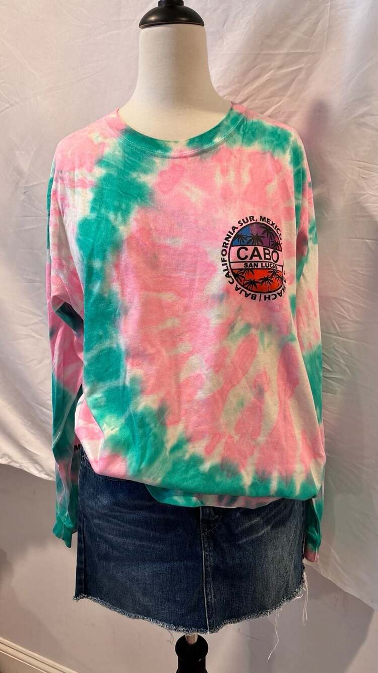 Cabo San Lucas Pink and Teal Tie-Dye Long Sleeve T-Shirt